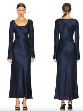 NEW EAVES Gilad Silk Maxi Dress in Navy Dark Blue Silk Long Sleeve Formal Satin